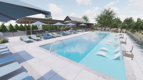 a swimming pool with lounge chairs and umbrellas at a resort
